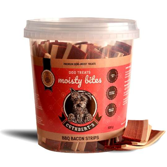Cuthbert's Moisty Bites Dog Treats BBQ Bacon Strips Tub 500g Tub