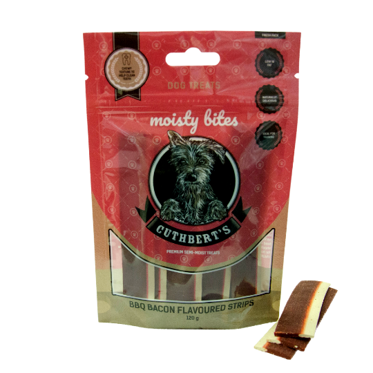 Cuthbert's Moisty Bites Dog Treats BBQ Bacon Strips Sachet 120g
