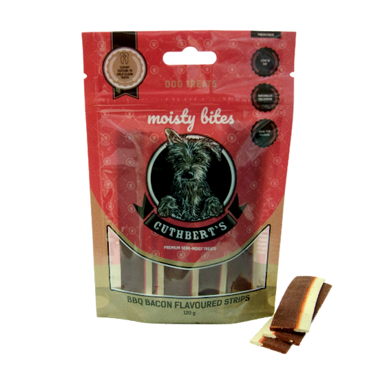 Cuthbert's Moisty Bites Dog Treats BBQ Bacon Strips Sachet 120g